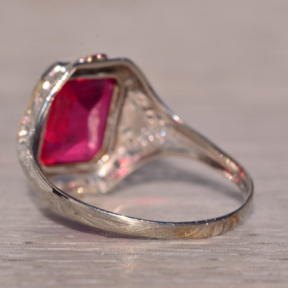 Art Deco Era Lab Ruby Ring In Tri Color Filigree … - image 3